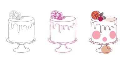 Three distinct cakes, each showcasing different flavors and designs, are displayed against a clean white backdrop. The cakes vary in size, shape, and toppings, creating a visually appealing contrast vector