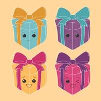 Four square boxes in bright colors are displayed. Each box has a unique face with eyes, nose, and mouth, as well as a decorative bow on top vector