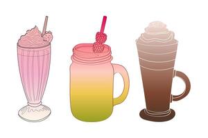 Three different beverages lined up in a row on a tabletop. Each drink has a distinct color and shape, showcasing a variety of options for consumption vector