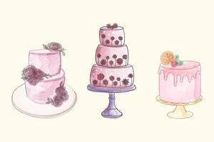 Tres diferente tipos de pasteles son representado en esta dibujo. cada pastel es únicamente diseñado, exhibiendo un variedad de sabores, coberturas, y decoraciones vector
