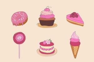 A variety of cakes and lollipops are arranged together in a colorful and tempting display. Different flavors, shapes, and sizes can be seen, creating an enticing dessert spread vector