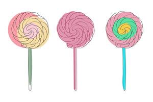 Three lollipops of varying colors red, blue, and green on a clean white background. Each lollipop features a swirl design and is evenly spaced apart vector