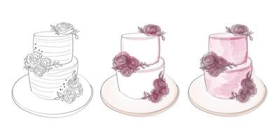 A detailed drawing featuring three distinct types of cakes, each showcasing its unique design elements and flavors vector