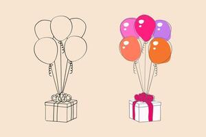 un dibujado a mano ilustración de vistoso presente cajas con cintas y globos flotante encima él. el globos son de varios tamaños y colores, agregando un festivo toque a el escena vector