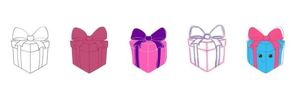 This image features a set of five distinct colored boxes adorned with decorative bows. Each box stands out with its unique hue and ribbon design, creating a visually appealing arrangement vector