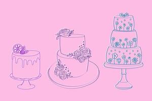 Three cakes are illustrated on a bright pink background. Each cake has unique designs and decorations, creating a visually appealing scene vector