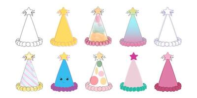 A collection of vibrant party hats adorned with whimsical stars. The hats are arranged in a groups, creating a lively and festive atmosphere vector