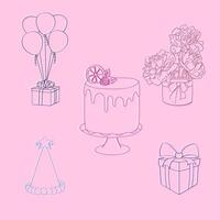 A hand-drawn illustration featuring a colorful birthday cake with candles and a variety of wrapped presents around it vector