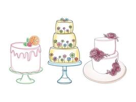 The drawing depicts three distinct types of cakes, showcasing the variety in design, shape, and decorations. Each cake is uniquely presented, highlighting their differences in style and flavor vector