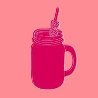 A mason jar sits on a table with a straw poking out of the lid, and a vibrant raspberry placed on top of the straw vector