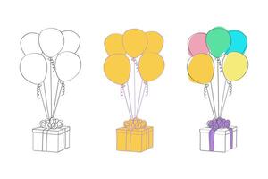 Three colorful balloons are floating in the air next to a gift box wrapped in a ribbon. The balloons and gift boxes are the focal point of the composition vector