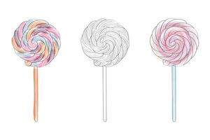 Three colorful lollipops are neatly lined up in a straight row, creating a visually appealing pattern. Each lollipop features a different flavor and unique swirl design on its round candy surface vector