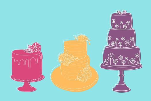 Three distinct cakes of varying flavors and designs create visually appealing and unique desserts vector