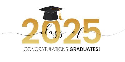 Class of 2025, word lettering script banner. Congrats Graduation lettering with academic cap. Template for design party high school or college, graduate invitations. vector