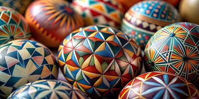 Closeup much of beautifully painted easter eggs, beautiful modern pattern easter eggs photo