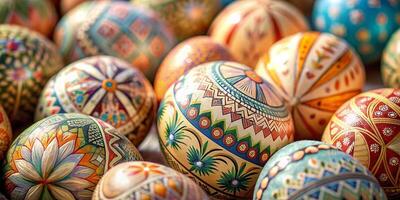Closeup much of beautifully painted easter eggs, beautiful traditional pattern easter eggs photo