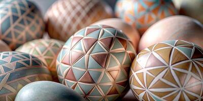 Closeup much of beautifully painted easter eggs, beautiful modern pattern easter eggs photo