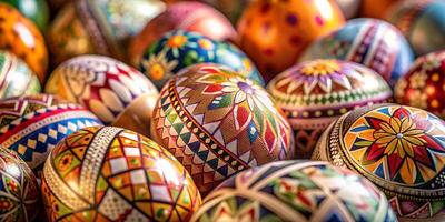 Closeup much of beautifully painted easter eggs, beautiful traditional pattern easter eggs photo