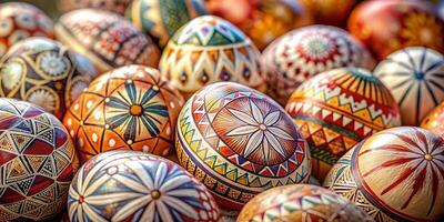 Closeup much of beautifully painted easter eggs, beautiful modern pattern easter eggs photo