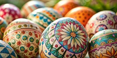 Closeup much of beautifully painted easter eggs, beautiful floral pattern easter eggs photo