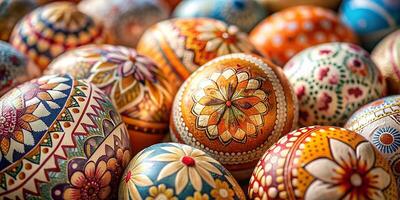 Closeup much of beautifully painted easter eggs, beautiful traditional pattern easter eggs photo