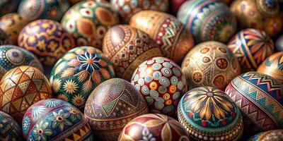 Closeup much of beautifully painted easter eggs, beautiful floral pattern easter eggs photo