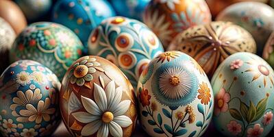 Closeup much of beautifully painted easter eggs, beautiful floral pattern easter eggs photo