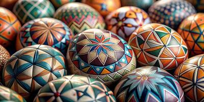 Closeup much of beautifully painted easter eggs, beautiful traditional pattern easter eggs photo