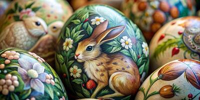 Closeup much of beautifully painted easter eggs, beautiful traditional pattern easter eggs photo