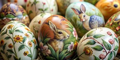 de cerca mucho de hermosamente pintado Pascua de Resurrección huevos, hermosa floral y fauna modelo Pascua de Resurrección huevos foto