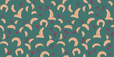 Green decorative seamless pattern of baroque monogram and abstract tiny branches berries. Minimalist vintage creative background. hand drawn. Collage template for printing, textile vector