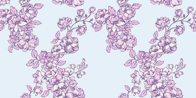 Beautiful, blooming, gently pink stems floral seamless pattern. Abstract, stylized wild flowers branches patterned on a pastel blue background. hand drawn. Template for design, printing, fabric vector