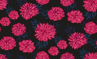 Seamless pattern with red artistic, abstract flowers and shapes leaves on a dark black background. hand drawn. Stylized peonies, dahlias, chrysanthemums patterned. Template for design, print vector