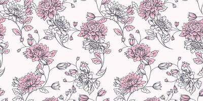 Blooming gently branches with flowers dahlias, peonies and leaves seamless pattern. hand drawn. Monotone pink pastel abstract artistic floral stems print. Template for design, fabric, textile vector