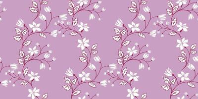 Simple branches with creative wild flowers and tiny leaves seamless pattern. Artistic abstract gently floral stems pastel purple print. hand drawn sketch. Template for design, fabric, fashion vector