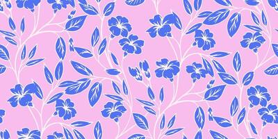 Creative silhouettes blue floral stems seamless pattern on a pink background. hand drawn. Abstract artistic simple ditsy flowers branches with leaves printing. Template for design, textile, vector