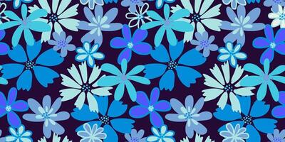 monótono azul formas resumen creativo flores sin costura modelo en un negro antecedentes. mano dibujado bosquejo. maravilloso floral impresión. modelo para diseños, cuaderno cubrir, infantil textiles, papel vector