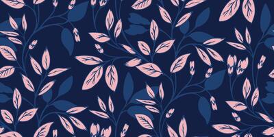 Abstract artistic branches with leaves and tiny buds intertwined in seamless pattern. hand drawn silhouettes, shape. Creative simple dark blue forest leaf stems printing. Template for design vector