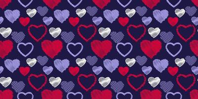 sin costura sencillo modelo con mano dibujado corazones. impresión con conjunto textura corazón siluetas describir. enamorado, amor antecedentes. modelo para textil, moda, imprimir, superficie diseño vector