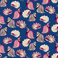 Colorful sea shells seamless pattern on a dark blue background. hand drawn. Abstract artistic ocean marine shell print. hand drawn. Template for designs, notebook cover, exotic vector