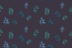 Abstract tiny branches leaves seamless pattern is randomly scattered on a dark background. Minimalist green leaf stems patterned. hand drawn sketch. Collage for printing, designs, fabric vector