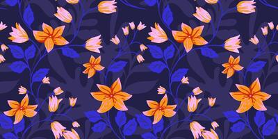 flores resumen ramas con flores, minúsculo campanas y hojas entrelazados en un sin costura modelo. mano dibujado. vistoso salvaje floral tallos impresión. modelo para diseños, tela, superficie diseño vector