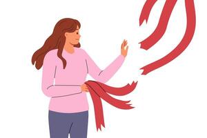 Woman breaking old ties in form of ribbons hanging from above, for concept of ending relationship vector