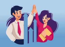 Teamwork of business man and woman high-fiving each other after successful negotiations with buyers vector