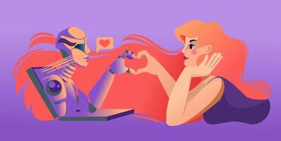 Love between man and robot leaning out of laptop, and together making heart out of finger vector