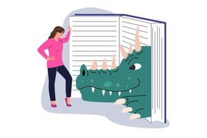 mujer es leyendo libro acerca de zoología y reptiles, en pie cerca enciclopedia con dinosaurio cabeza vector