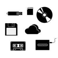 Set of storage devices black flat icons isolated on white background vector