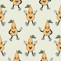 A seamless pattern with a funny and cute pear character in a groovy style illustration vector