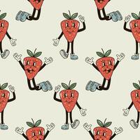 A seamless pattern with a funny and cute strawberry character in a groovy style illustration vector