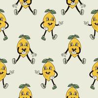 A seamless pattern with a funny and cute lemon character in a groovy style vector